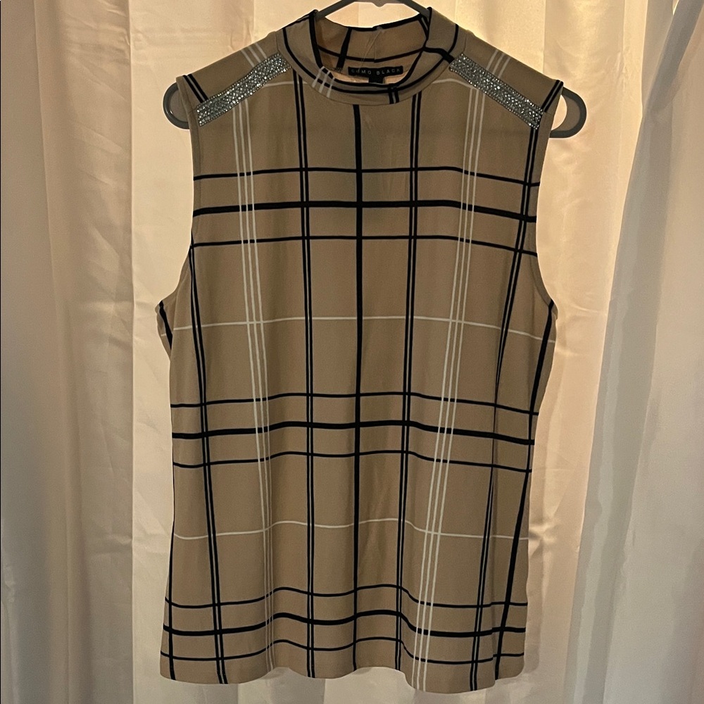 White House Black Market Tan and Black Plaid Tank Top